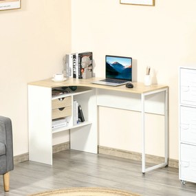 Secretária de canto com 2 gavetas, 120 x 60 cm, secretária em L com 3 compartimentos abertos, secretária para computador, ideal para estudar, trabalha