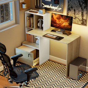 Secretária de computador 126 x 50 x 109 cm com estante de 4 compartimentos e gaveta com fechadura, cor carvalho e branco