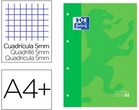 Recarga Cor 1 Oxford Din A4+ 80 Folhas 90 gr Quadricula 5 mm 4 Furos Cor Verde Maca