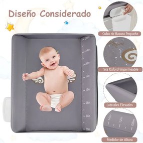 Fraldário portátil dobrável para bebés Estação de muda de fraldas dobrável com cesto organizador móvel ajustável em altura rodas Cinzento