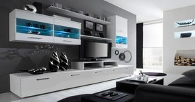 Mobiliário moderno de sala de estar com Leds, acabamento em Branco Mate e Laca Branca Brilhante, medidas: 250x194x42cm de profundidade