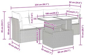 5 pcs conjunto sofás p/ jardim c/ almofadões vime PE castanho