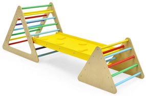 Conjunto de escalada 3 em 1 para crianças, 2 escadas triangulares e 1 rampa dupla face para deslizar e subir a ponte de madeira multicolorida
