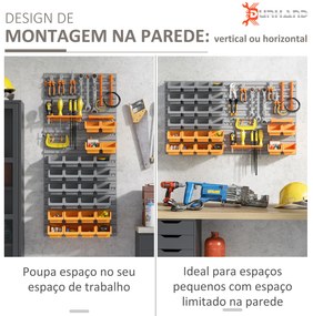 Prateleira de Parede Organizador de Ferramentas com 28 Caixas Empilháveis ​​e Ganchos 95,5x22,5x53,5 cm Cinza e Laranja