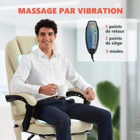 Cadeira de escritório com função de massagem, com altura ajustável, encosto reclinável e comando com fio, bege