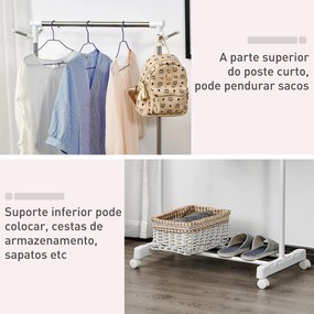 Charriot com Altura Ajustável Cabide com Rodas Portátil Prateleira Inferior Aço 68,5x42x87-145cm Branco e Prata