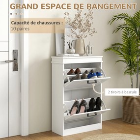 Sapateira com 2 portas basculantes 54 x 24 x 82,5 cm e prateleiras ajustáveis, para a entrada ou corredor, branco