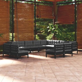 vidaXL 12 pcs conjunto lounge jardim c/ almofadões pinho maciço preto