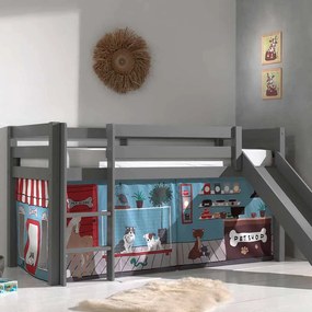 Cama alta de Criança PINO 90 x 200 cm + estrado + escada + escorrega + cortina Animais Cinzenta