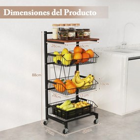 Carrinho de arrumação de cozinha de 4 níveis com rodas Altura ajustável e cestos amovíveis 40 x 31 x 88 cm Preto/castanho