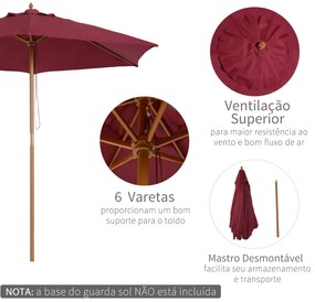 Chapéu de Sol Ø250x230cm Chapéu de Sol com Mastro de Madeira com 6 hastes Sistema de Polia com Fixação para Jardim Pátio Terraço Vinho