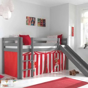 Conjunto Cama alta de Criança PINO 90 x 200 cm + estrado + escada + escorrega + cortina Circo Cinzenta