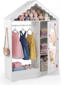 Guarda Roupa infantil 85,5 x 30 x 121 cm com telhado e espelho, com barra para pendurar prateleiras e ganchos, para quarto, sala de jogos, branco