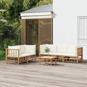 vidaXL 6 pcs conjunto lounge de jardim bambu c/ almofadões branco nata