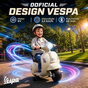 Mota Elétrica Infantil 6V para crianças 18-36 meses Mini Vespa GTS com 2 Rodas Auxiliares, Bateria de Lítio, Farol, Buzina e Encosto, Branco