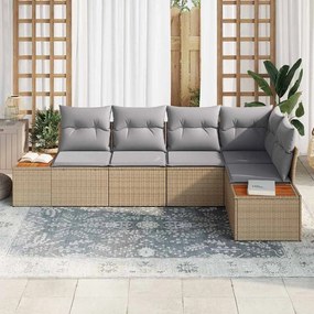 Sofá de Jardim 5 Peças com Almofadas em Rattan Poliéster Bege