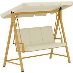 Outsunny Baloiço de Jardim de 3 Lugares com Toldo Ajustável Almofadas e Estrutura com Veios de Madeira 195x120x170 cm Madeira e Creme | Aosom Portugal