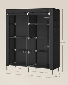 Guarda roupa em tecido 45 x 127 x 180 cm com varão e prateleiras práticas preto
