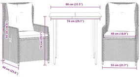3 pcs conjunto de jantar p/ jardim com almofadões vime PE bege