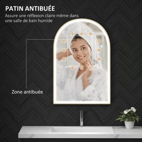 Espelho de casa de banho com LED, 90 x 60 cm, de parede, 3 cores, moldura arqueada em alumínio, sistema antiembaciamento e interruptor tátil dourado