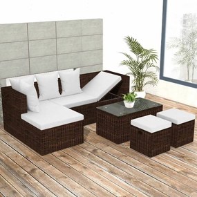 vidaXL 4 pcs conjunto lounge jardim c/ almofadões vime PE castanho