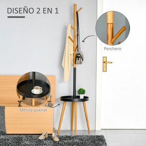 HOMCOM Cabide de Pé com Mesinha Auxiliar Redonda e 5 Ganchos com Altura Ajustável para Casacos Chapéus Bolsos Entrada 40x40x179cm Madeira Natural Preto
