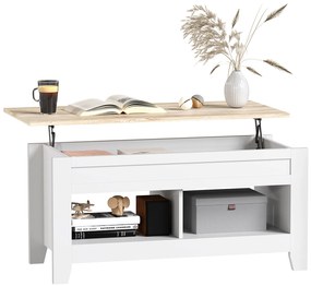 Mesa de Centro com Bancada Elevável 2 Compartimentos Abertos Bancada de Madeira 105x50x49 cm Branco e Madeira