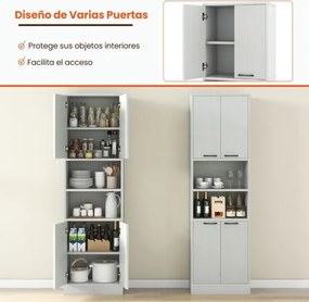 Armário de despensa para cozinha 56 x 30 x 190 cm com portas e prateleiras cinza claro