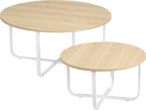 HOMCOM Conjunto de 2 Mesas de Centro Ø65x32cm e Ø45x26cm Mesas Redondas com Bancada de Madeira e Pés de Metal Madeira e Branco | Aosom Portugal