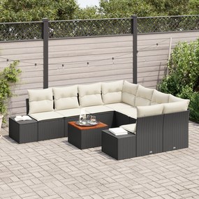 Conjunto de Sofás de Jardim com 9 Peças e Almofadas Preto Poli Rattan