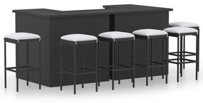 8 pcs conjunto de bar p/ jardim com almofadões vime PE preto