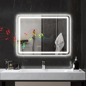 Espelho de Casa de Banho com Luz LED 80x60 cm Bluetooth 3 Cores de Luz Relógio Digital Função Antiembaciamento Memória Prata