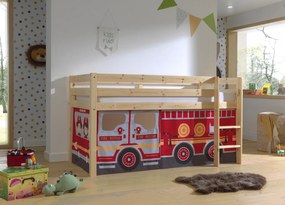 Cama alta de Criança PINO 90 x 200 cm + estrado + escada + cortina Bombeiros Natural