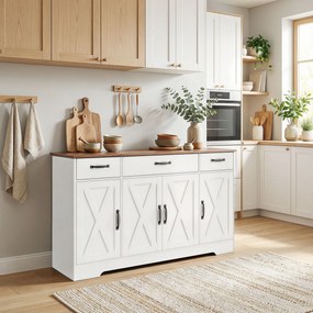 Aparador de Cozinha, 140 x 40 x 81 cm, 4 Portas Tipo Celeiro, Branco