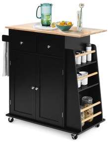 Carrinho de cozinha de arrumação com Bancada de madeira Borracha 2 gavetas Prateleira para especiarias 88 cm x 45 cm x 89,5 cm Preto