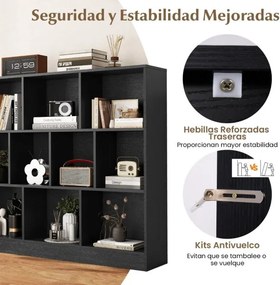 Estante com 120 x 24 x 104 cm 10 cubos de armazenamento com 3 níveis Estante de exposição de 120 cm para sala de estar/quarto Preto