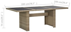 Mesa de jantar jardim 200x100x74 cm vidro e vime PE castanho