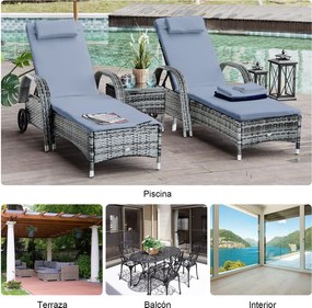 Espreguiçadeiras x2 com Mesa de Vime Chaise Longue para Jardim Pátio C