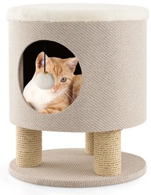 Banco pufe Casa de gatos com poste para arranhar e bola de pelúcia 40 x 40 x 47 cm Bege