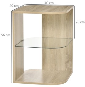 Mesa Auxiliar Moderna Mesa de Cabeceira com 3 Prateleiras 1 de Vidro para Sala de Estar Dormitório 40x40x56cm Madeira Natural