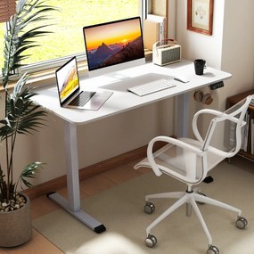 Secretária elétrica ajustável em altura 120 x 60 x 73-118 cm para trabalhar em pé e sentado com gancho para auscultadores Memória de alturas Branco
