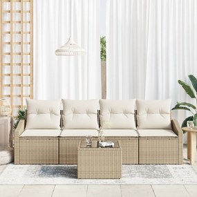 Conjunto de Jantar de Jardim 5 Peças com Almofadas Bege Poli Rattan