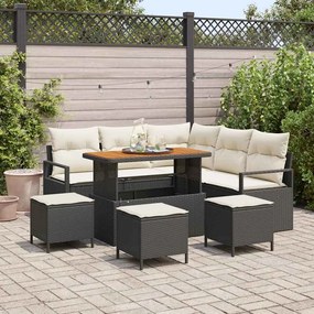 Conjunto de Sofás de Jardim vidaXL 9 Peças com Almofadas Rattan Poliéster Preto Acácia