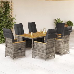 7 pcs conjunto de jantar p/ jardim c/ almofadões vime PE cinza