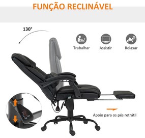 Cadeira de Escritório com Massagem de 6 Pontos Encosto Alto Reclinável Apoio para Pés e Controlo Remoto 66x75x112-122 cm Preto