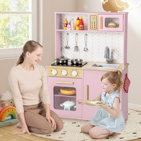 Cozinha de brincar para crianças de madeira 60 x 30 x 85 cm com luzes, sons, micro-ondas, fogão, lava-louças, forno e acessórios Rosa