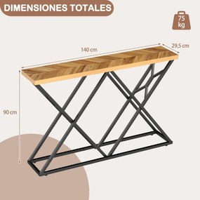 Mesa consola 140 x 29,5 x 90 cm em estilo rústico e industrial, com base metálica geométrica e tampo de madeira natural Natural e preta