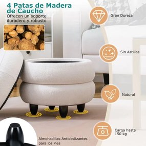 Pufe Redondo Moderna de Chenille com Tampa Removível e com arrumação e Pernas de Madeira de Borracha Versátil Assento Acolchoado Branco