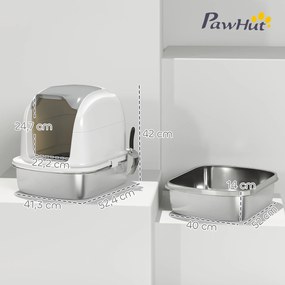 Caixa de Areia para Gatos em Aço Inoxidável XL com Tampa Abatível Laterais Altas Entrada Superior e Pá 52,4x41,3x42 cm Branco