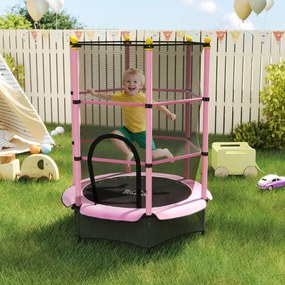 Trampoline Enfant Ø 1,40 × 1,90H m Filet de sécurité Porte zipée Couvre-Ressorts 6 poteaux rembourrés Inclus Rose FR